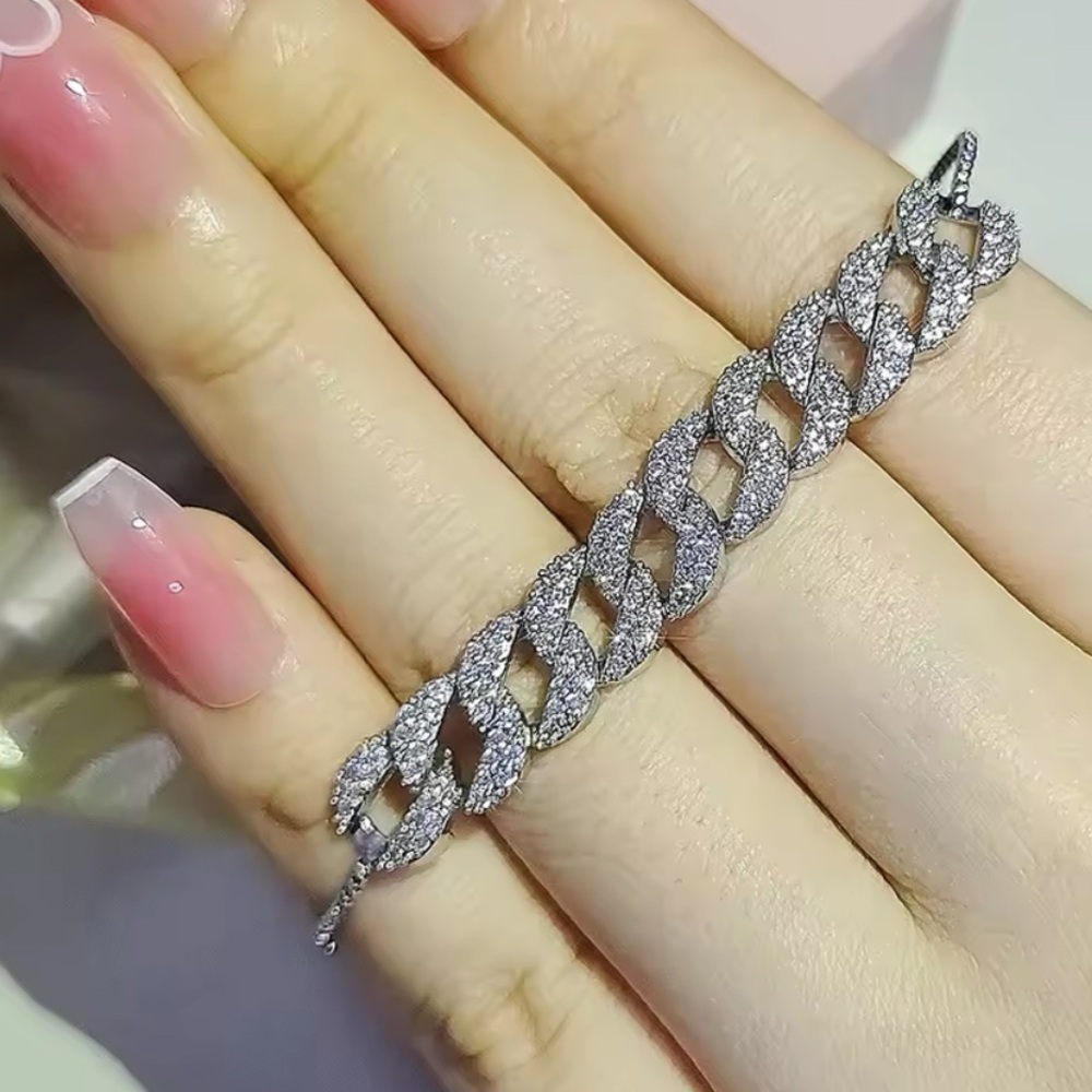 18k White Gold Plated Partial Curb Link Zircon Encrusted Adjustable Bracelet